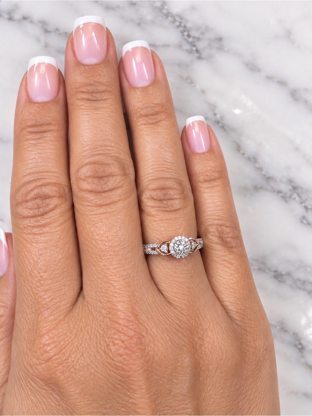 Natural Diamond Sterling Silver Rose Gold Halo Ring Size 7, 0.05 CTTW